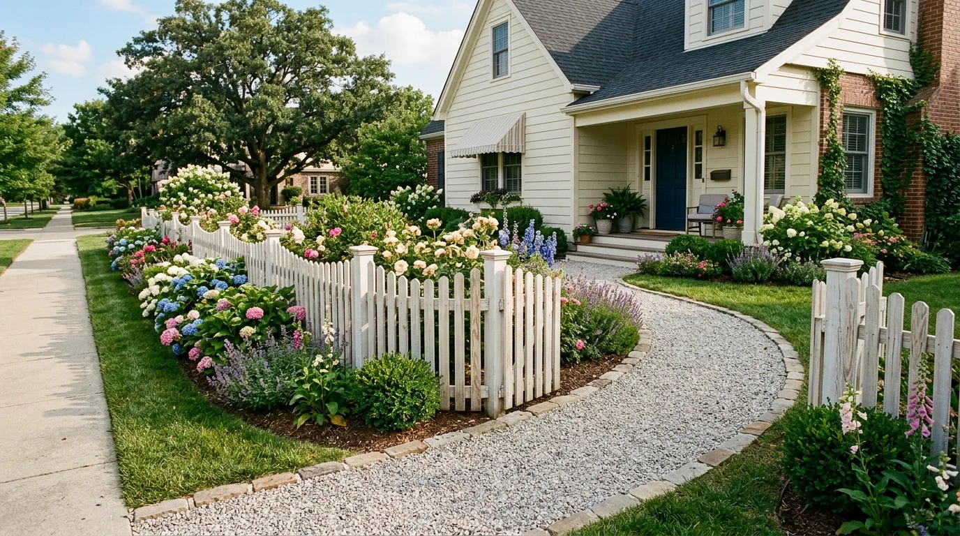 Curved White Picket Fence in the Front Yard